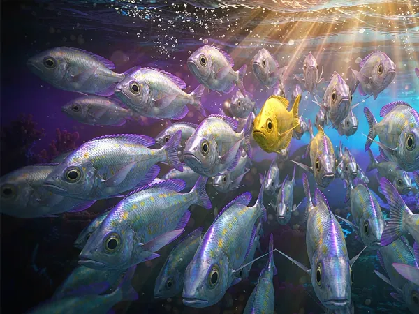 m666 School of fish swimming among floating coins