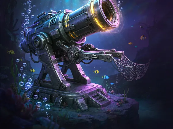 m666 Illustrated underwater cannon facing a school of fish