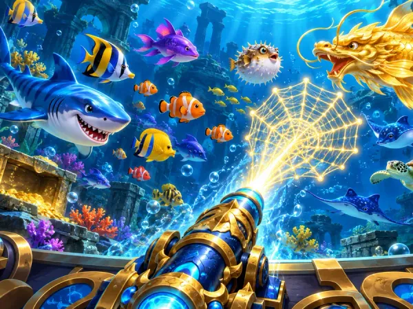 m666 Illustrated fishing arcade cannon firing a glowing net towards colourful fish