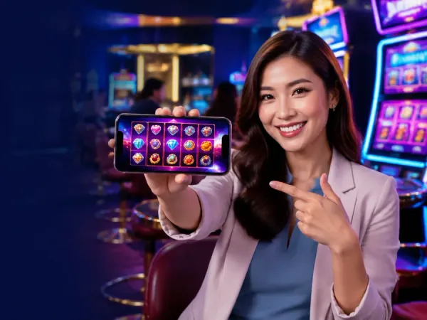 m666 Woman holding a phone horizontally with colourful fruit reels on its screen