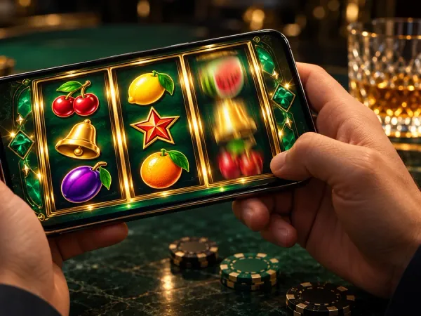 m666 Hands holding a phone with illustrated fruit slot reels and casino chips
