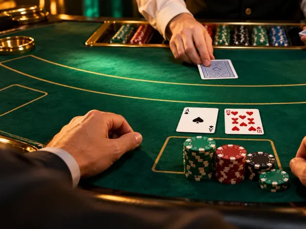 m666 Blackjack hand with an ace and ten on a green felt table beside casino chips