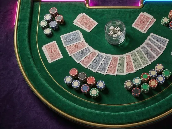 m666 Overhead view of playing cards and chips on a green table