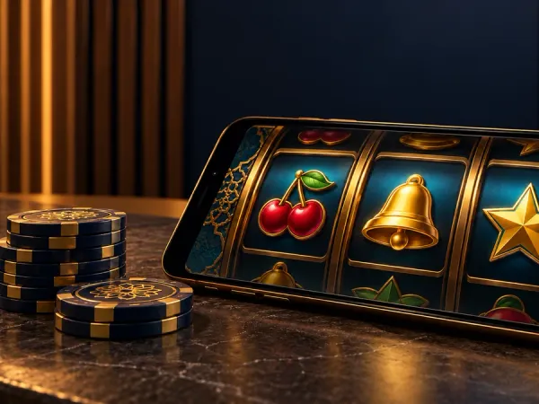 m666 Smartphone showing illustrated fruit, bell and star reels beside casino chips