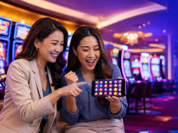 m666 Two women looking at fruit reels on a smartphone in a casino setting
