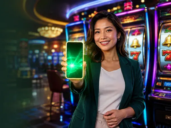 m666 Woman in a green blazer holding a glowing smartphone beside slot reels