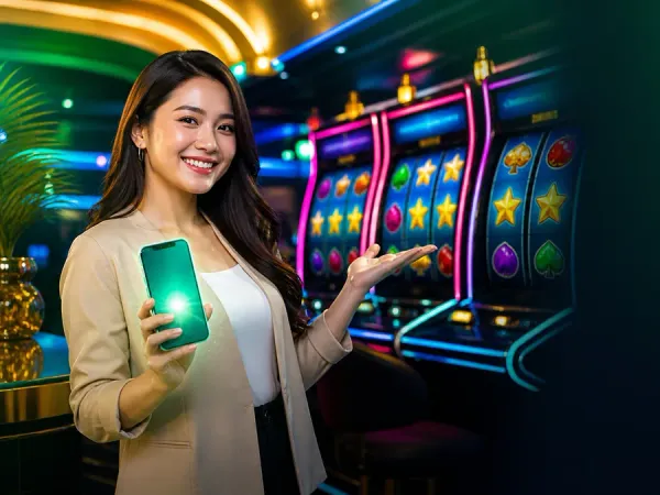 m666 Woman in a beige blazer holding a smartphone near colourful slot machines