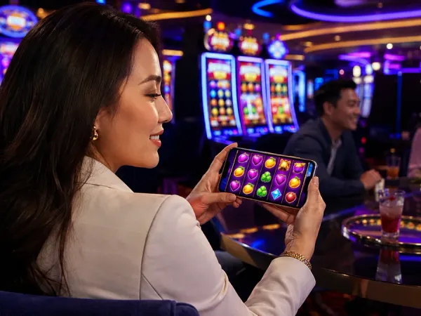m666 Seated woman holding a phone horizontally beside illuminated slot machines