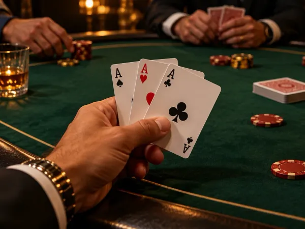 m666 Player holding three aces above a green card table with casino chips