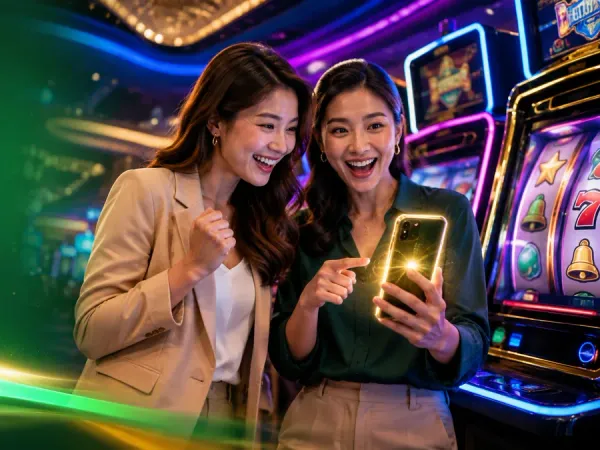 m666 Two women looking at a smartphone beside green-lit slot machines