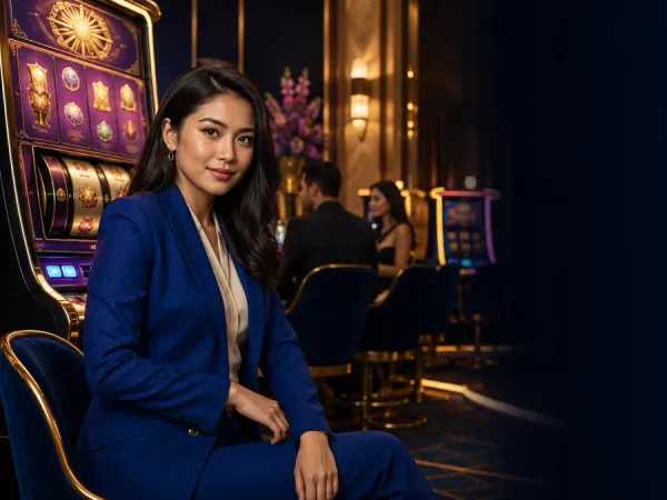 m666 Woman in a blue suit seated beside slot machines in a warm-lit lounge