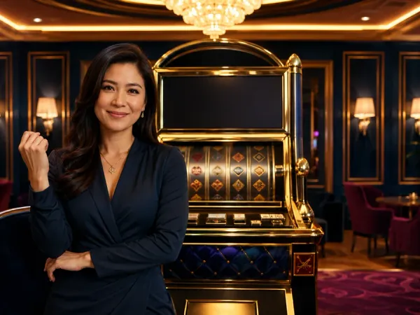 m666 Woman seated before a gold-framed slot machine in an elegant lounge