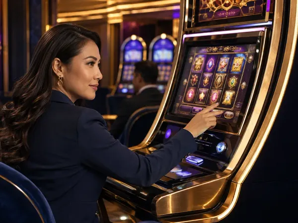 m666 Seated woman looking back from a slot machine with golden trim