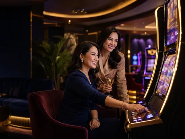 m666 Two women seated together at slot machines in a dark lounge