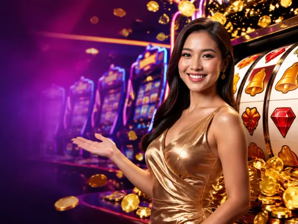 m666 Woman in a gold dress beside a slot machine and scattered gold coins