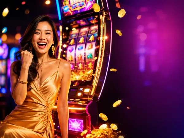 m666 Woman beside gold-framed slot reels in bright casino lighting