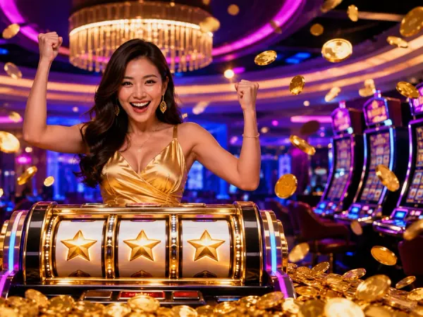 m666 Woman behind a star-symbol slot machine surrounded by illustrated gold coins