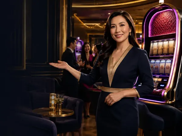 m666 Woman in a dark blazer beside a slot machine in a dim lounge