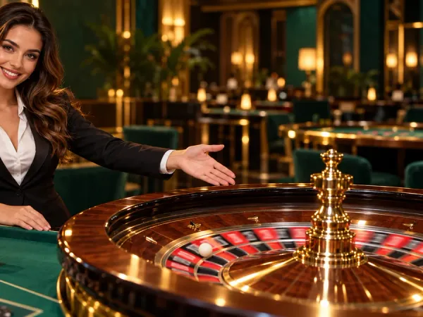 m666 Female dealer presenting a roulette wheel and chips at a green casino table