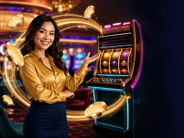 m666 Woman in a gold blouse presenting a slot machine with a sweeping gold arrow