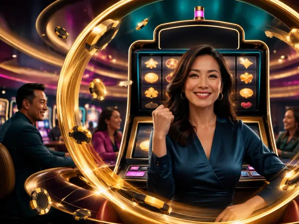 m666 Woman in a blue blouse framed by a gold ring before slot reels