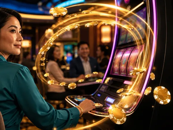 m666 Seated woman looking towards a slot machine surrounded by gold light trails