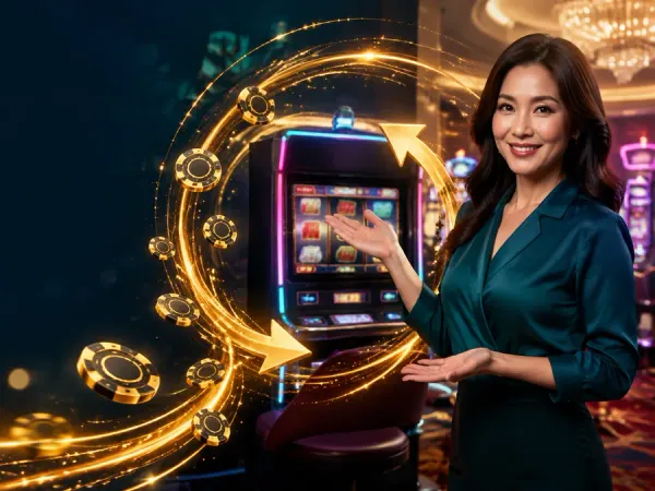 m666 Woman in a teal blouse beside slot reels and a circular gold light trail
